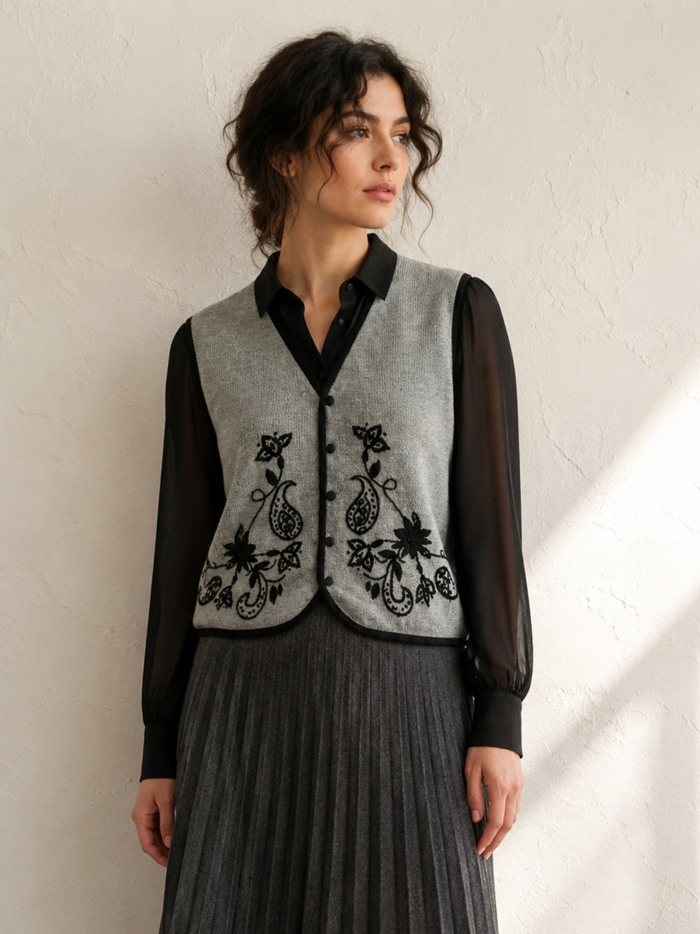 Black Gray Embroidered Paisley Knit Vest Dark Academia Storybook Goth 90s PL